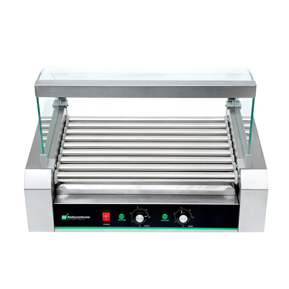 Hi Tek Stainless Steel Hot Dog Roller Grill Warmer - Fits 24, Curved Glass, Sneeze Guard - 1 count box