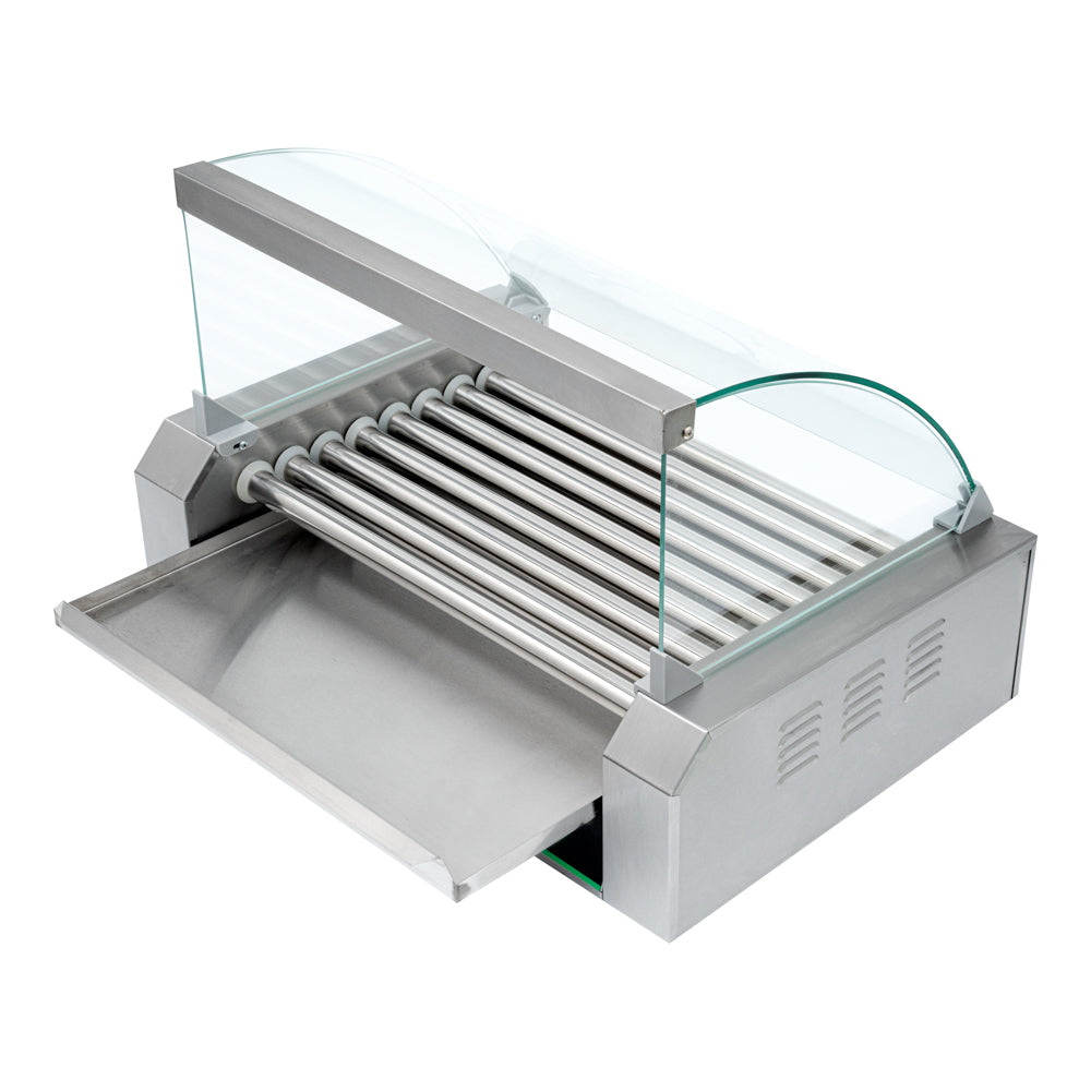 Hi Tek Stainless Steel Hot Dog Roller Grill Warmer - Fits 24, Curved Glass, Sneeze Guard - 1 count box