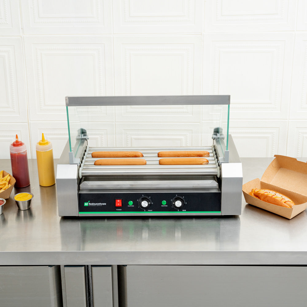 Hi Tek Stainless Steel Hot Dog Roller Grill Warmer - Fits 18, Curved Glass, Sneeze Guard - 1 count box