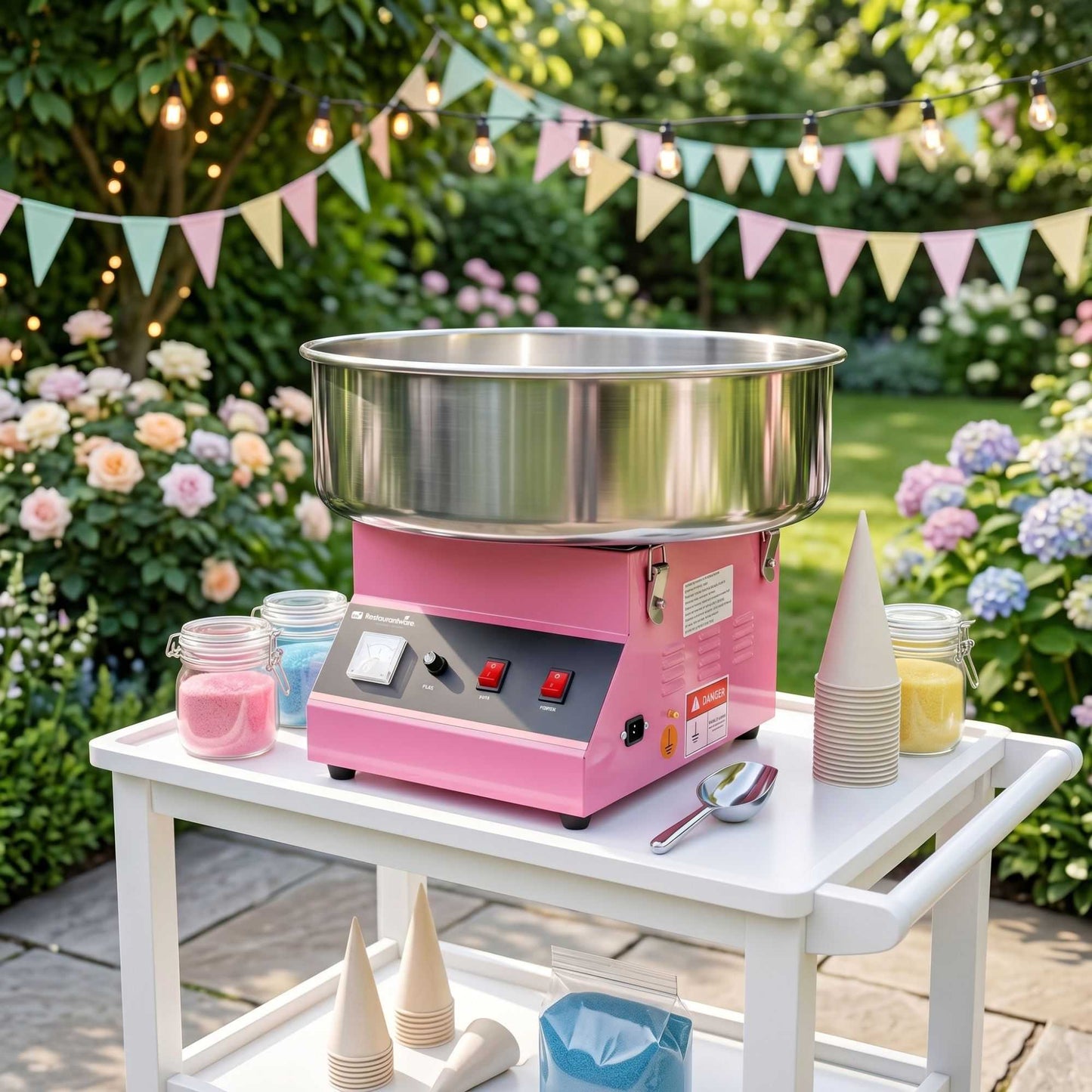 Hi Tek Pink Stainless Steel Cotton Candy / Candy Floss Machine - 1080w, 110V - 21" - 1 count box