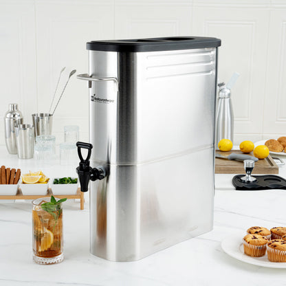 Bev Tek 5 gal Silver 13/0 Stainless Steel Iced Tea Dispenser - 16 1/2" x 6 3/4" x 20 3/4" - 1 count box