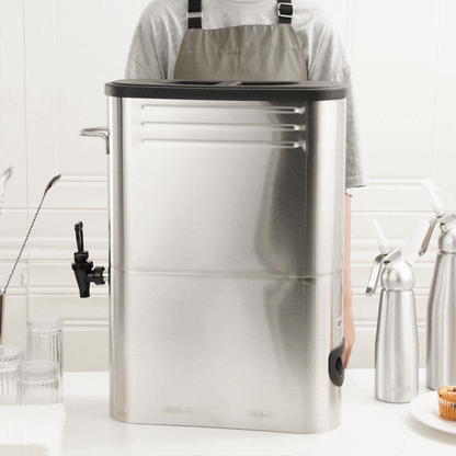 Bev Tek 5 gal Silver 13/0 Stainless Steel Iced Tea Dispenser - 16 1/2" x 6 3/4" x 20 3/4" - 1 count box