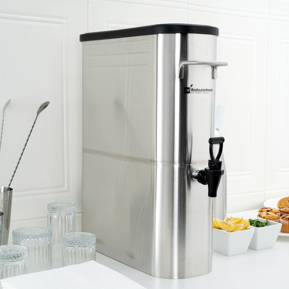 Bev Tek 5 gal Silver 13/0 Stainless Steel Iced Tea Dispenser - 16 1/2" x 6 3/4" x 20 3/4" - 1 count box