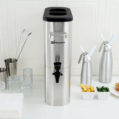 Bev Tek 5 gal Silver 13/0 Stainless Steel Iced Tea Dispenser - 16 1/2" x 6 3/4" x 20 3/4" - 1 count box