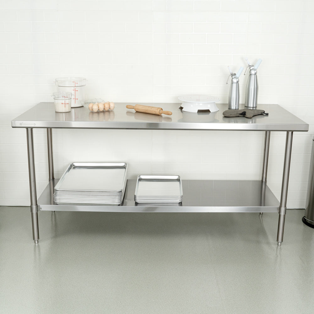 Kitchen Tek 16-Gauge 304 Stainless Steel Commercial Work Table - Medium Duty, Galvanized Legs, Undershelf - 30" x 72" - 1 count box