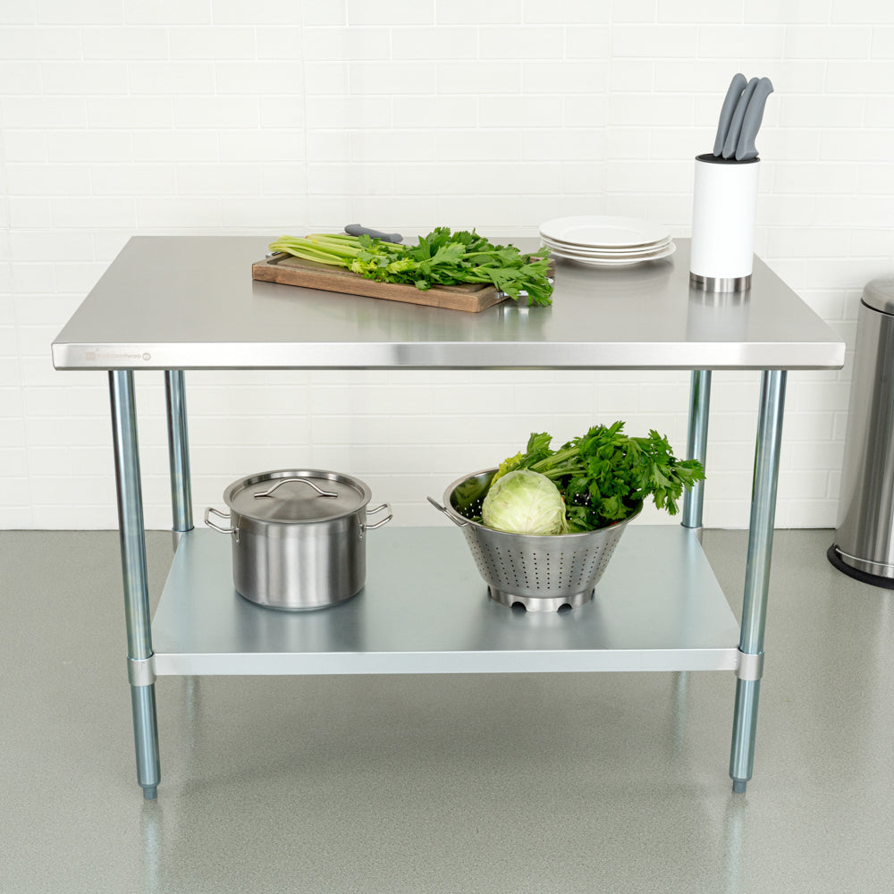 Kitchen Tek 18-Gauge 304 Stainless Steel Commercial Work Table - Heavy Duty, Galvanized Legs, Undershelf - 30" x 48" - 1 count box