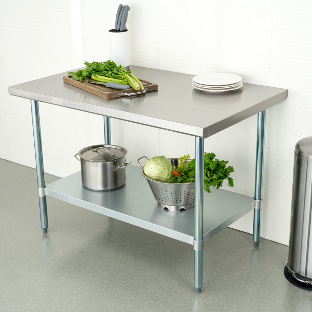 Kitchen Tek 18-Gauge 304 Stainless Steel Commercial Work Table - Heavy Duty, Galvanized Legs, Undershelf - 30" x 48" - 1 count box