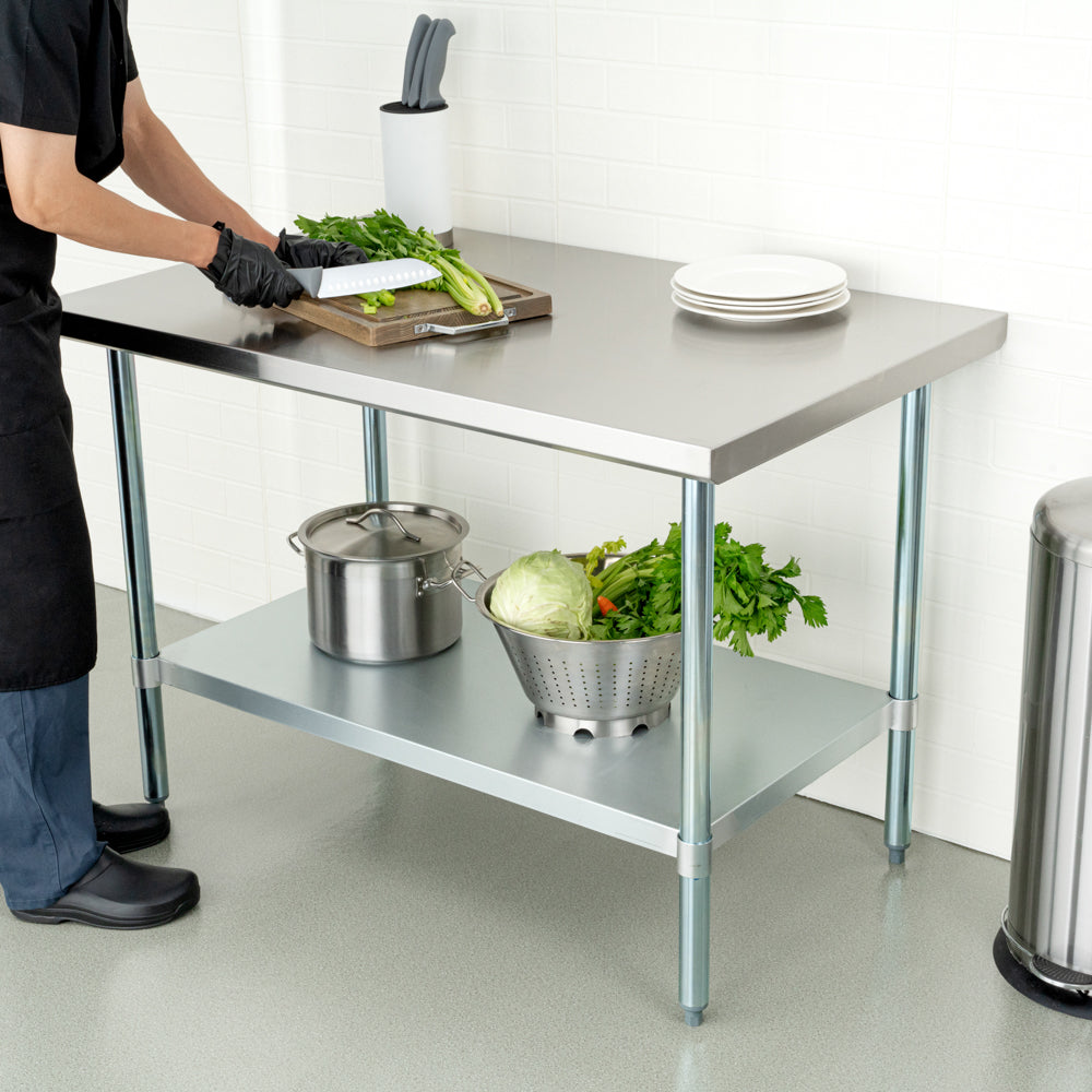 Kitchen Tek 18-Gauge 304 Stainless Steel Commercial Work Table - Heavy Duty, Galvanized Legs, Undershelf - 30" x 48" - 1 count box