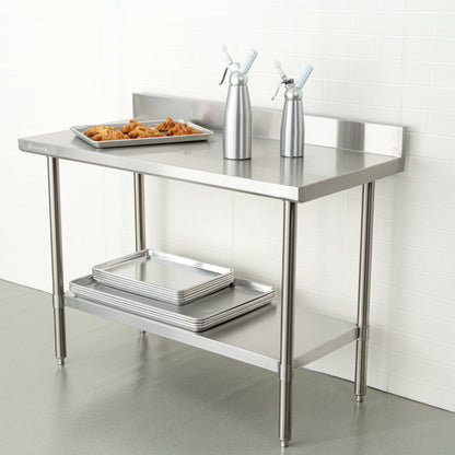 Kitchen Tek 16-Gauge 304 Stainless Steel Commercial Work Table - Medium Duty, 4" Backsplash, Undershelf - 24" x 48" - 1 count box