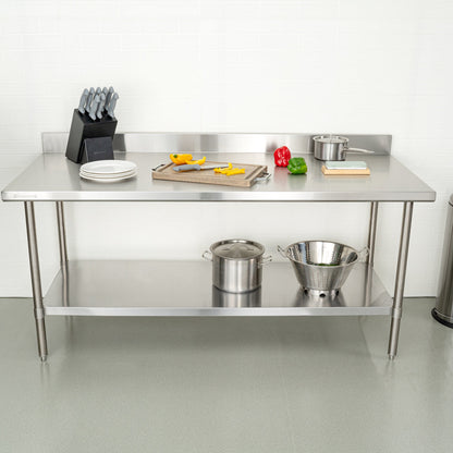 Kitchen Tek 16-Gauge 304 Stainless Steel Commercial Work Table - Medium Duty, 4" Backsplash, Undershelf - 30" x 72" - 1 count box