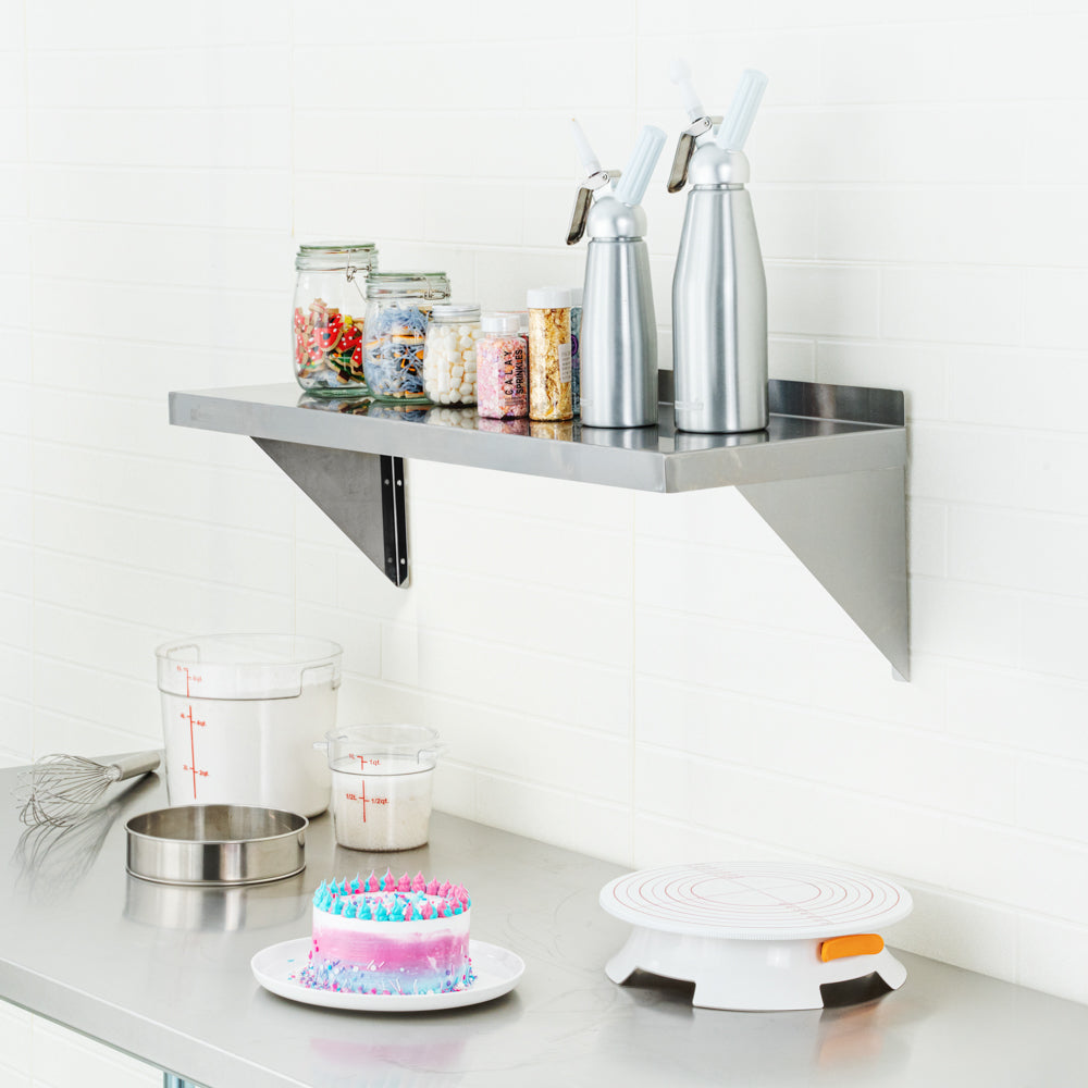 Kitchen Tek 18-Gauge 430 Stainless Steel Solid Wall Shelf - Heavy Duty - 12" x 36" - 1 count box