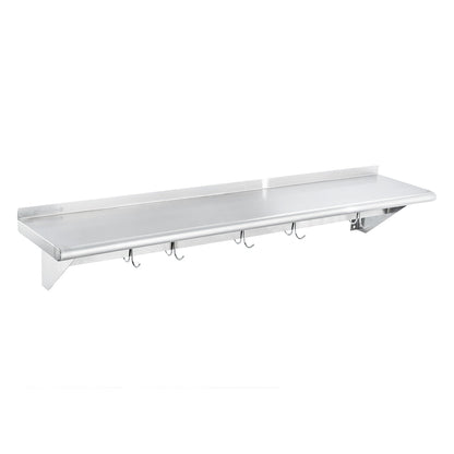 Kitchen Tek 430 Stainless Steel Wall Mounted Pot Rack - with Shelf, 5 Galvanized Hooks - 12" x 60" - 1 count box