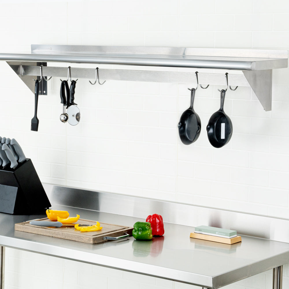 Kitchen Tek 430 Stainless Steel Wall Mounted Pot Rack - with Shelf, 5 Galvanized Hooks - 12" x 60" - 1 count box