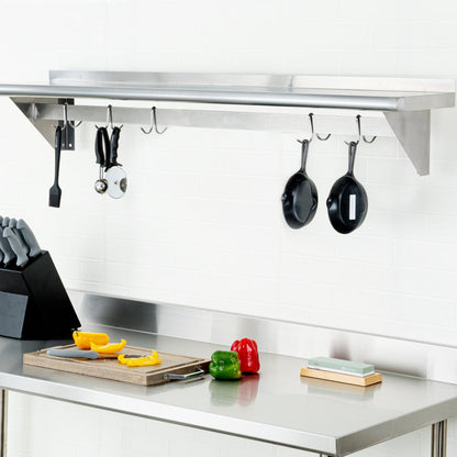 Kitchen Tek 430 Stainless Steel Wall Mounted Pot Rack - with Shelf, 5 Galvanized Hooks - 12" x 60" - 1 count box