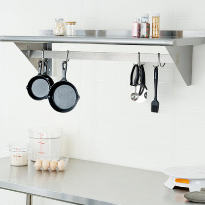 Kitchen Tek 430 Stainless Steel Wall Mounted Pot Rack - with Shelf, 4 Galvanized Hooks - 15" x 48" - 1 count box