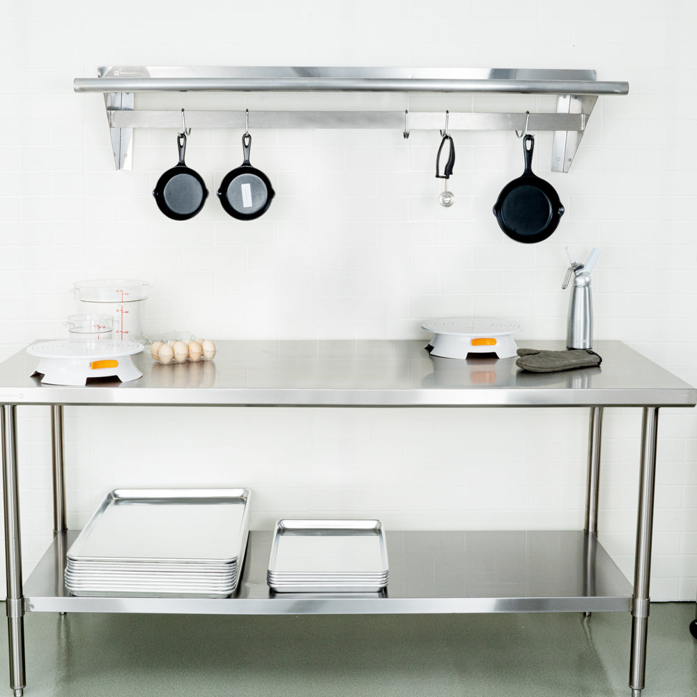 Kitchen Tek 430 Stainless Steel Wall Mounted Pot Rack - with Shelf, 5 Galvanized Hooks - 15" x 60" - 1 count box
