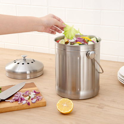 RW Clean 1 gal Stainless Steel Compost Bin - Charcoal Filter - 7 1/4" x 7 1/4" x 11" - 1 count box