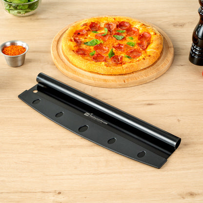 Met Lux Black Stainless Steel Pizza Cutter / Rocker - with Cover - 13 3/4" x 3 1/2" - 1 count box