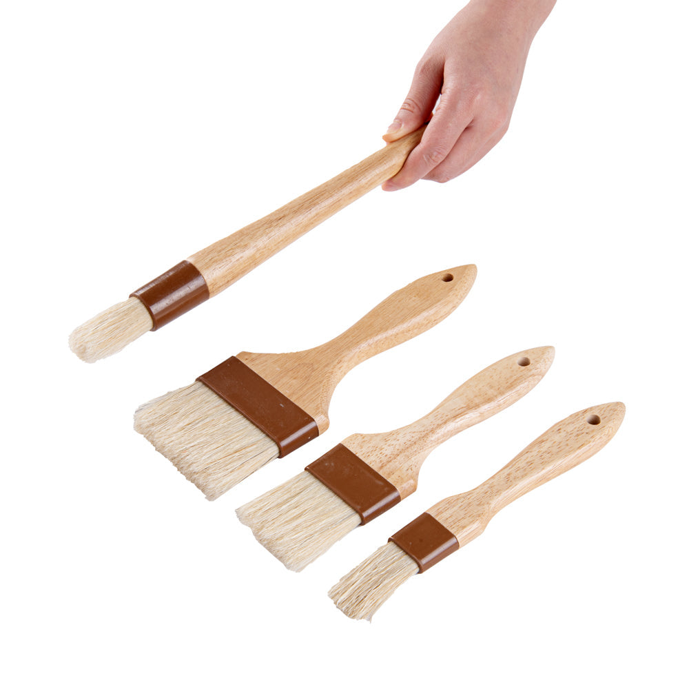 Pastry Tek Natural Wood Pastry / Basting Brush 4-Piece Set - with Boar Bristles - 1 count box