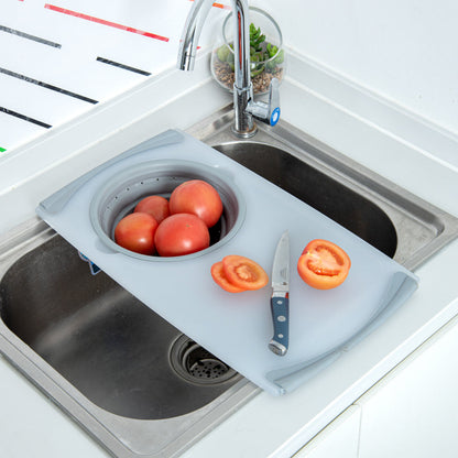 Chef 101 Gray Plastic Over the Sink Cutting Board - with Collapsible Strainer - 19 3/4" x 11 1/4" - 1 count box