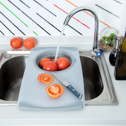 Chef 101 Gray Plastic Over the Sink Cutting Board - with Collapsible Strainer - 19 3/4" x 11 1/4" - 1 count box