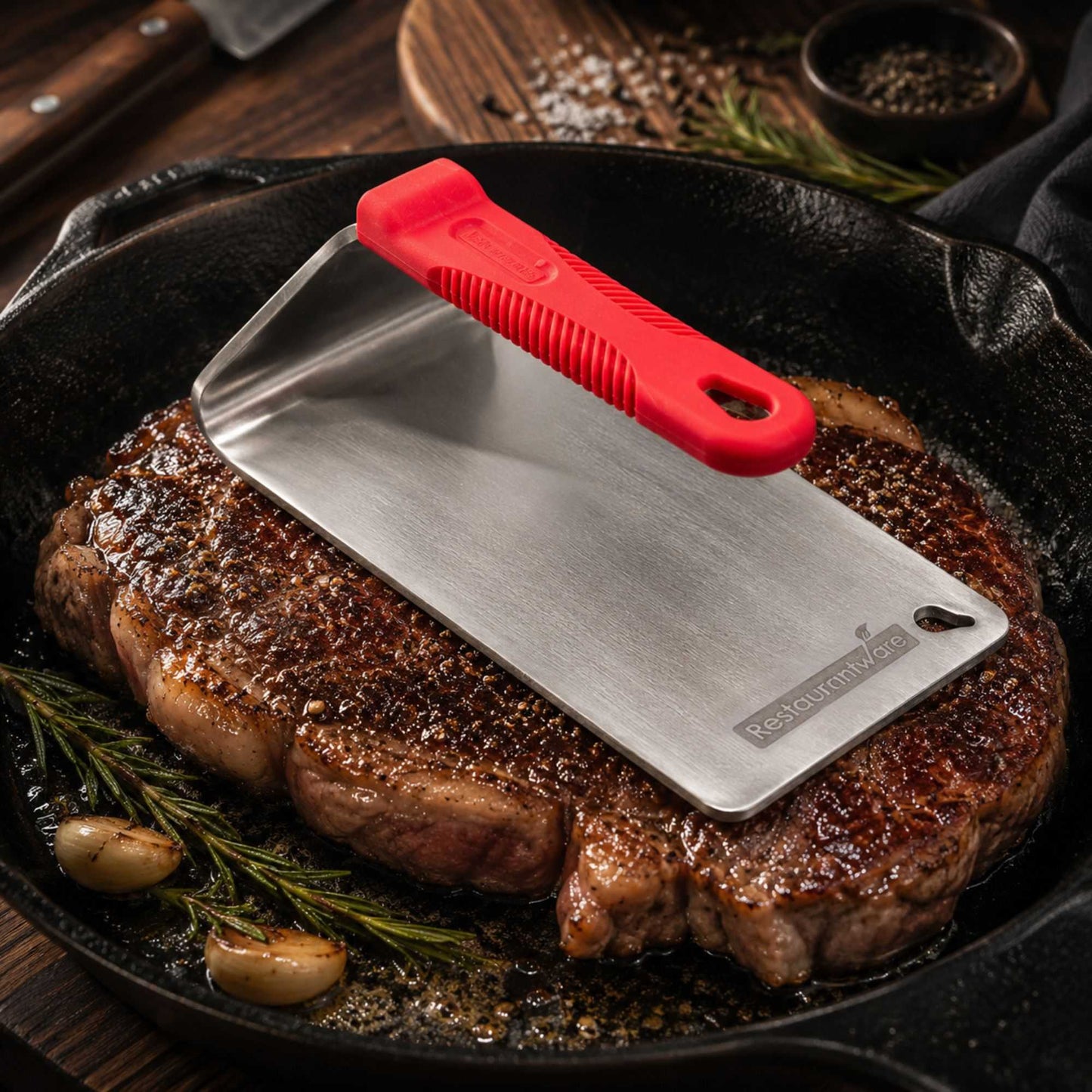 Met Lux Stainless Steel Steak Weight - with Silicone Handle - 8 1/2" x 4 1/4" - 1 count box