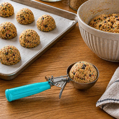 Met Lux 6.5 oz Stainless Steel #5 Portion Scoop - with Teal Handle - 1 count box