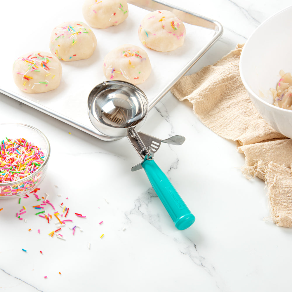 Met Lux 6.5 oz Stainless Steel #5 Portion Scoop - with Teal Handle - 1 count box