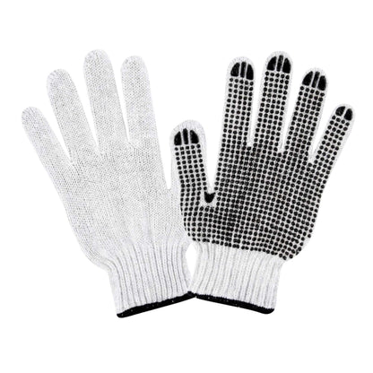 Chef 101 White Poly-Cotton Large Work Gloves - with Black PVC Dots - 10" x 6" - Pair - 6 count box