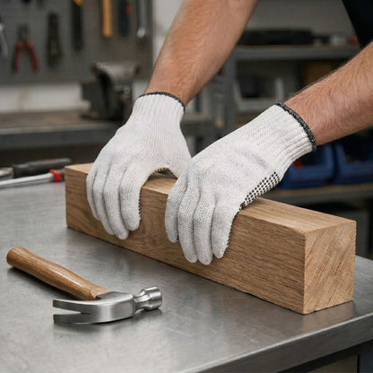 Chef 101 White Poly-Cotton Large Work Gloves - with Black PVC Dots - 10" x 6" - Pair - 6 count box