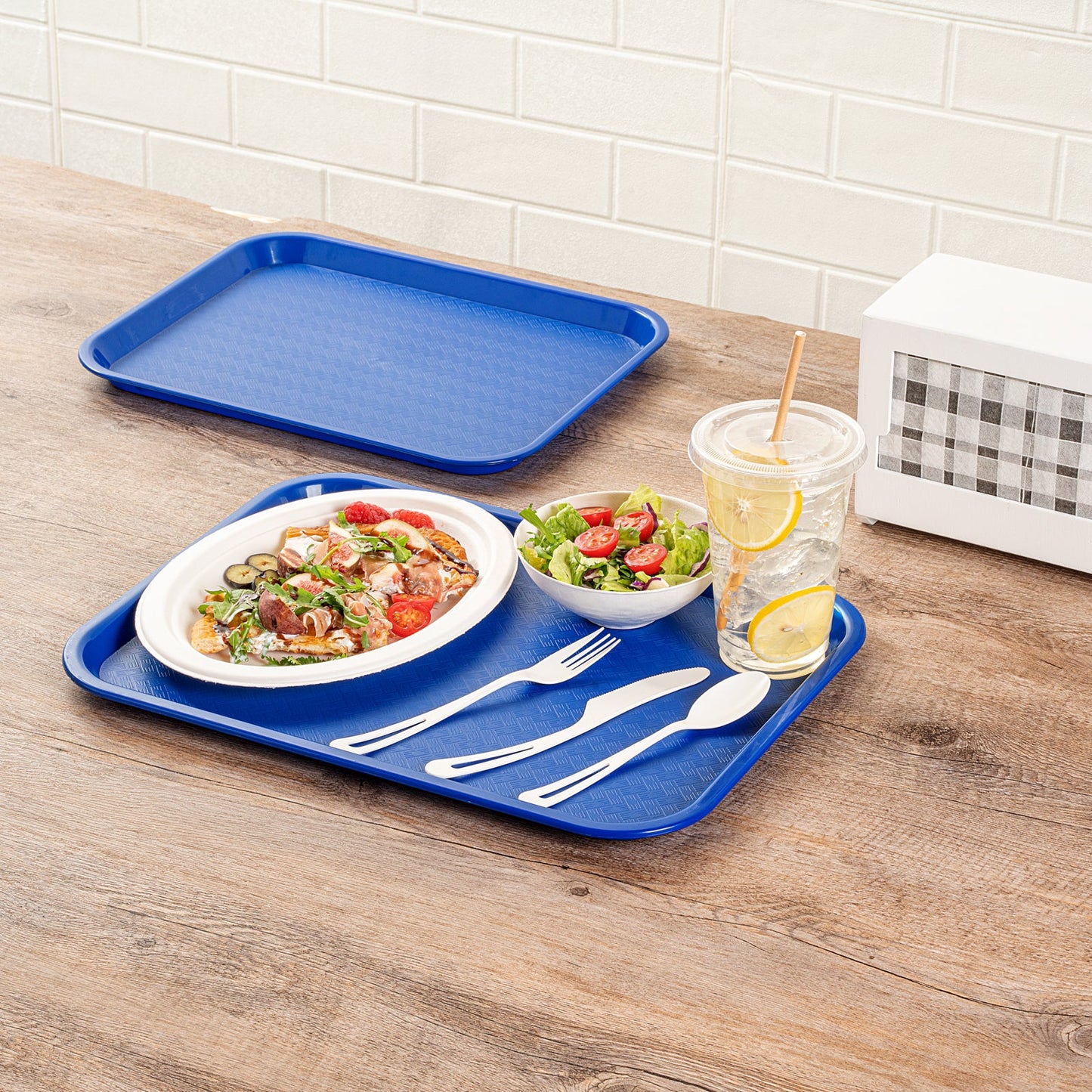 Chef 101 Rectangle Blue Plastic Fast Food Tray - 12" x 16" - 10 count box