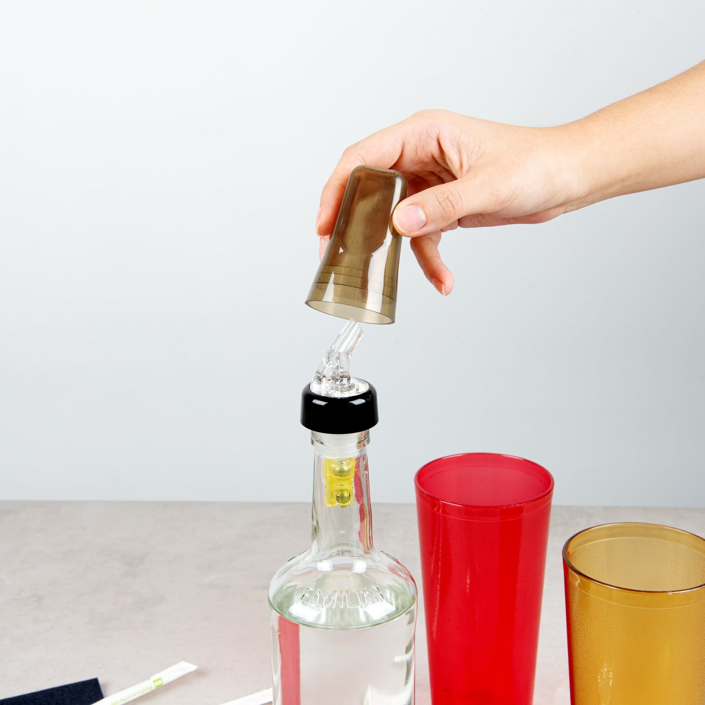Bar Lux Translucent Plastic Liquor Pourer Cover - Universal - 1 3/4" x 1 3/4" x 3" - 10 count box