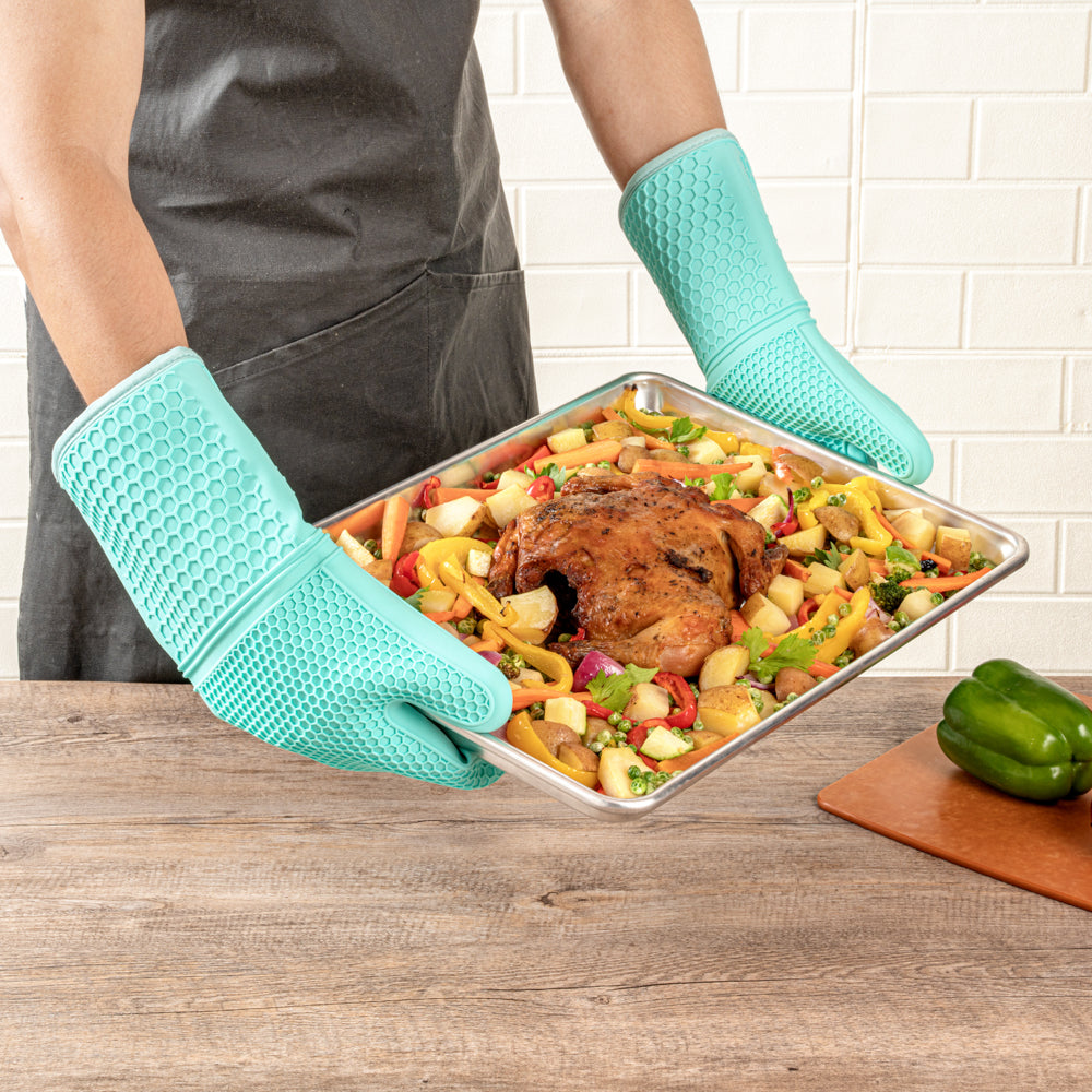 Comfy Grip Turquoise Silicone 2-Piece Oven Mitt Set - Heat-Resistant - 14" x 7 1/4" x 1 1/2" - 1 count box