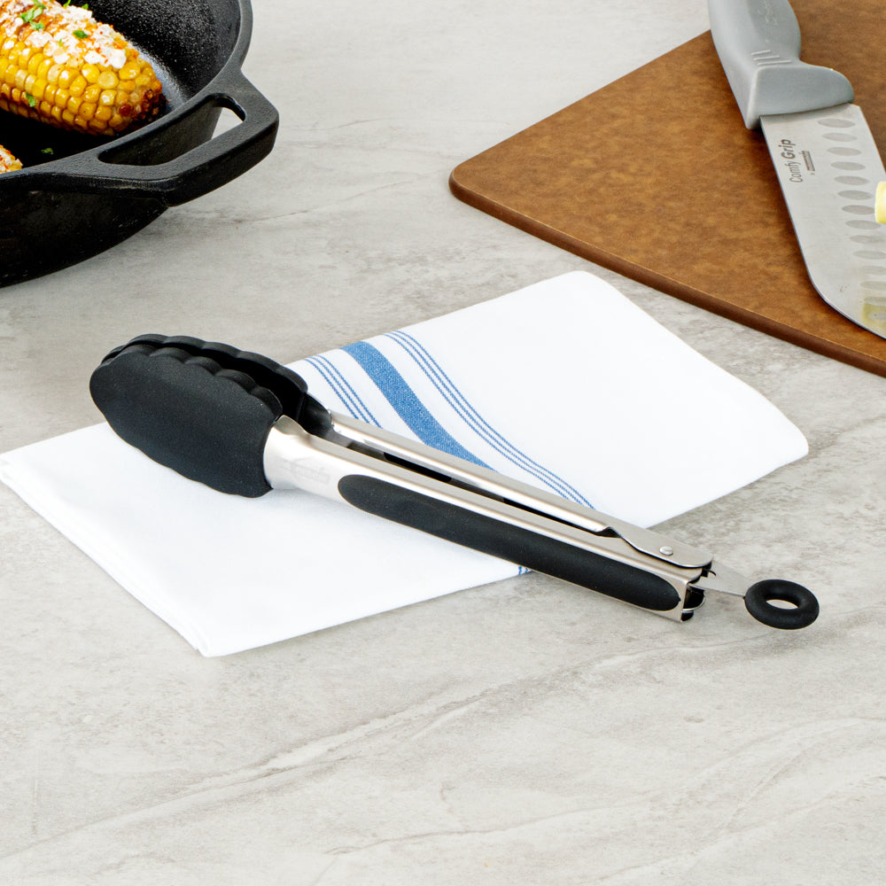 Met Lux Black Stainless Steel Kitchen Tong - Scalloped - 9" x 1 1/2" x 1" - 1 count box