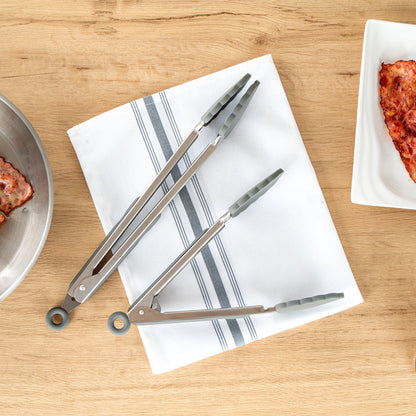 Met Lux Gray Stainless Steel 2-Piece Kitchen Tong Set - Scalloped - 12" x 1 3/4" x 2" - 1 count box