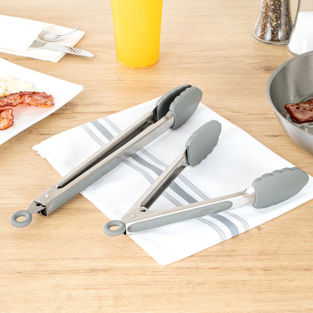 Met Lux Gray Stainless Steel 2-Piece Kitchen Tong Set - Scalloped - 12" x 1 3/4" x 2" - 1 count box