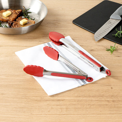 Met Lux Red Stainless Steel 2-Piece Kitchen Tong Set - Scalloped - 12" x 1 3/4" x 2" - 1 count box