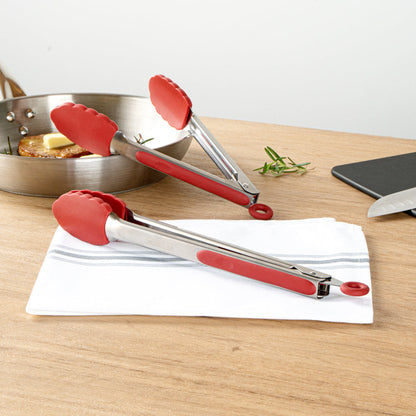Met Lux Red Stainless Steel 2-Piece Kitchen Tong Set - Scalloped - 12" x 1 3/4" x 2" - 1 count box