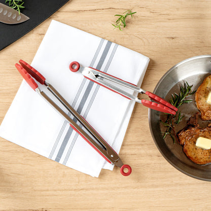 Met Lux Red Stainless Steel 2-Piece Kitchen Tong Set - Scalloped - 12" x 1 3/4" x 2" - 1 count box