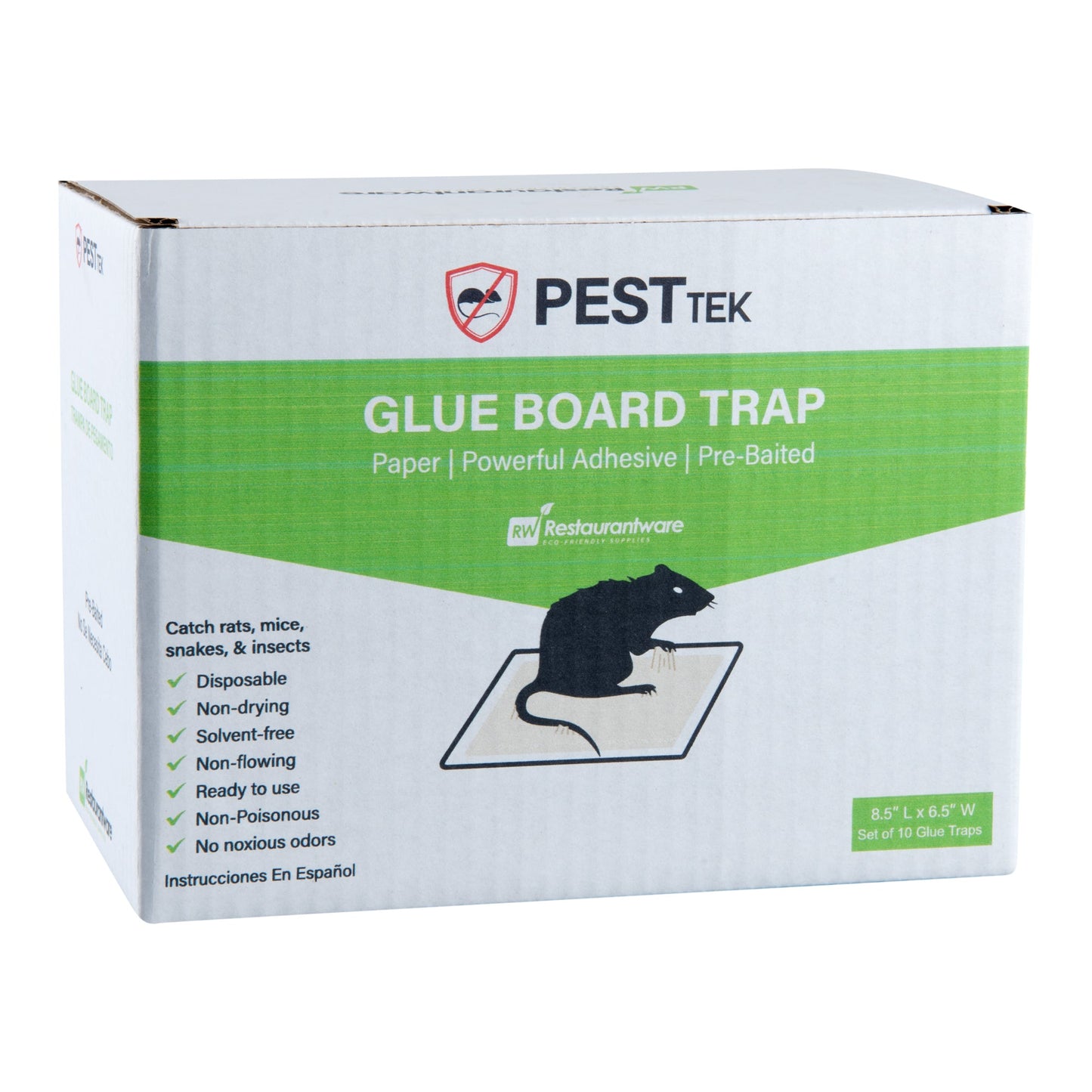 Pest Tek Paper Glue Board Trap - for Rat, Mouse, Snake and Roach - 8 1/2" x 6 1/2" x 1/2" - 10 count box