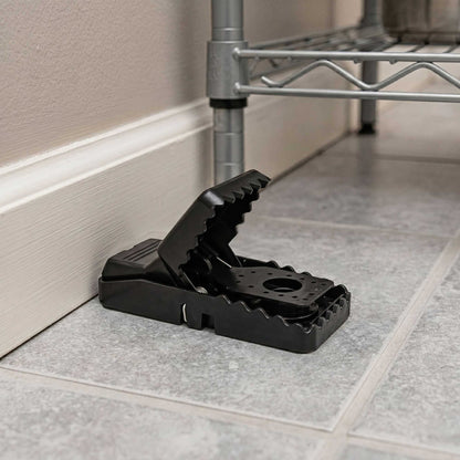 Pest Tek Black Plastic Mouse Trap - Interlocking Teeth, Reusable - 4 1/2" x 2" x 2 1/4" - 6 count box
