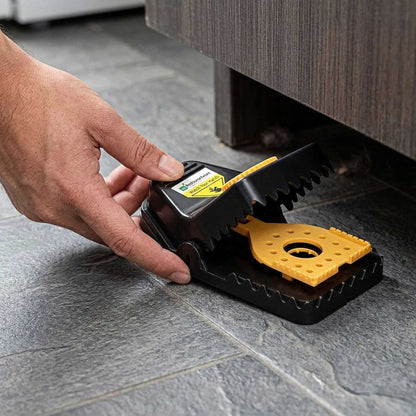 Pest Tek Black Plastic Mouse Trap - Interlocking Teeth, Bait Cap, Reusable - 6" x 3" x 2 3/4" - 6 count box