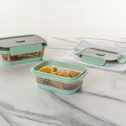 Fresh Hero 27 oz Green Plastic Airtight Food Storage Container - with Vented Lid, Collapsible - 7 1/4" x 5 1/2" x 2 3/4" - 20 count box