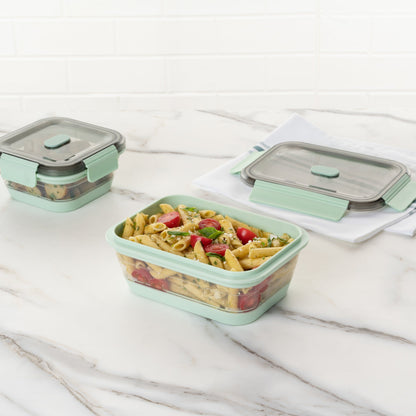 Fresh Hero 40 oz Green Plastic Airtight Food Storage Container - with Vented Lid, Collapsible - 8 1/4" x 6" x 3" - 1 count box