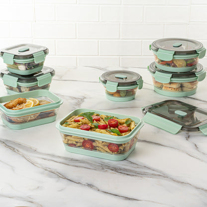 Fresh Hero 40 oz Green Plastic Airtight Food Storage Container - with Vented Lid, Collapsible - 8 1/4" x 6" x 3" - 1 count box