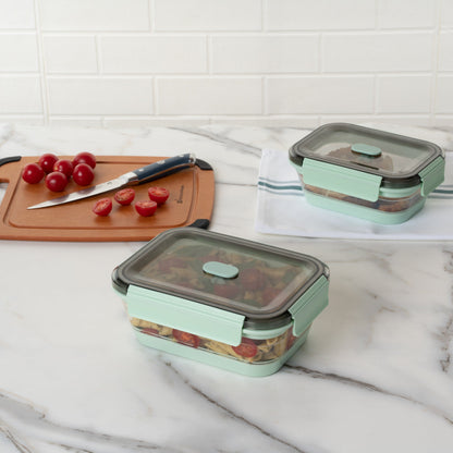 Fresh Hero 40 oz Green Plastic Airtight Food Storage Container - with Vented Lid, Collapsible - 8 1/4" x 6" x 3" - 20 count box