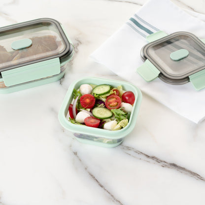 Fresh Hero 17 oz Green Plastic Airtight Food Storage Container - with Vented Lid, Collapsible - 5 1/2" x 5 1/2" x 2 3/4" - 20 count box