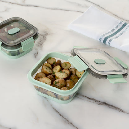 Fresh Hero 24 oz Green Plastic Airtight Food Storage Container - with Vented Lid, Collapsible - 6" x 6" x 2 3/4" - 20 count box