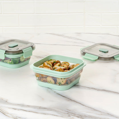Fresh Hero 24 oz Green Plastic Airtight Food Storage Container - with Vented Lid, Collapsible - 6" x 6" x 2 3/4" - 20 count box
