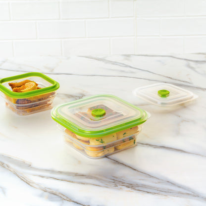 Fresh Hero 37 oz Green Silicone Airtight Food Storage Container - with Vented Lid, Collapsible - 7" x 7" x 3" - 20 count box